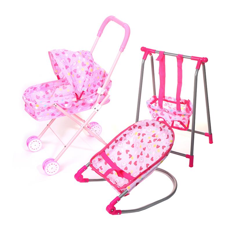 Simulation Doll Stroller Set Pink Baby Stroller Pretend Play Toys Rocking Chairs Swing Bed Dining Chair Doll House Accessories