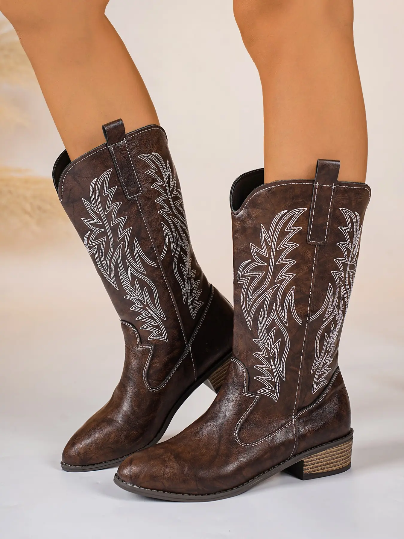 Vintage Western Style Embroidered Mid-Calf Cowboy Boots, V-Shape Toe Design, Low Heel Anti-Slip Sole, Women's Outerwear Shoes
