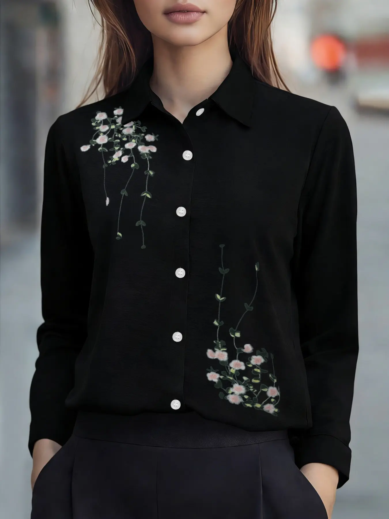 Fashionable Casual women's fitted floral embroidered long sleeve button shirt Collared Blouse Casual Button Up