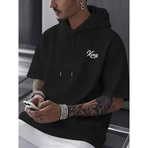 New Summer Men's Hooded Short-Sleeve T-Shirt with King Handwritten Letter Print, American-Style Minimalist Casual Sporty Hoodie Tee