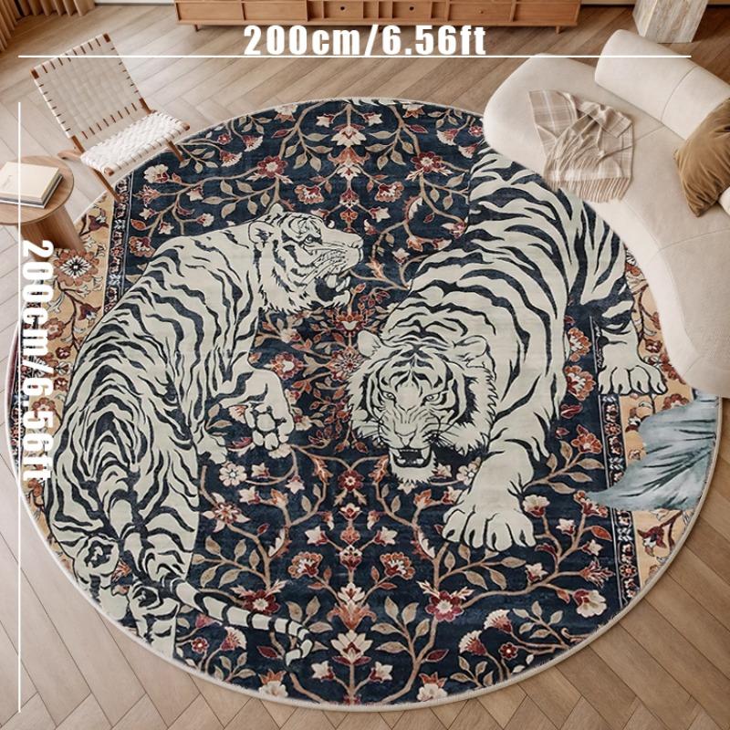 Vintage Tiger Pattern Round Rug, Animal Printed Rug, Non-slip Soft Floor Mat, Washable Area Rug, Decorative Carpet for Home Living Room Bedroom Hotel