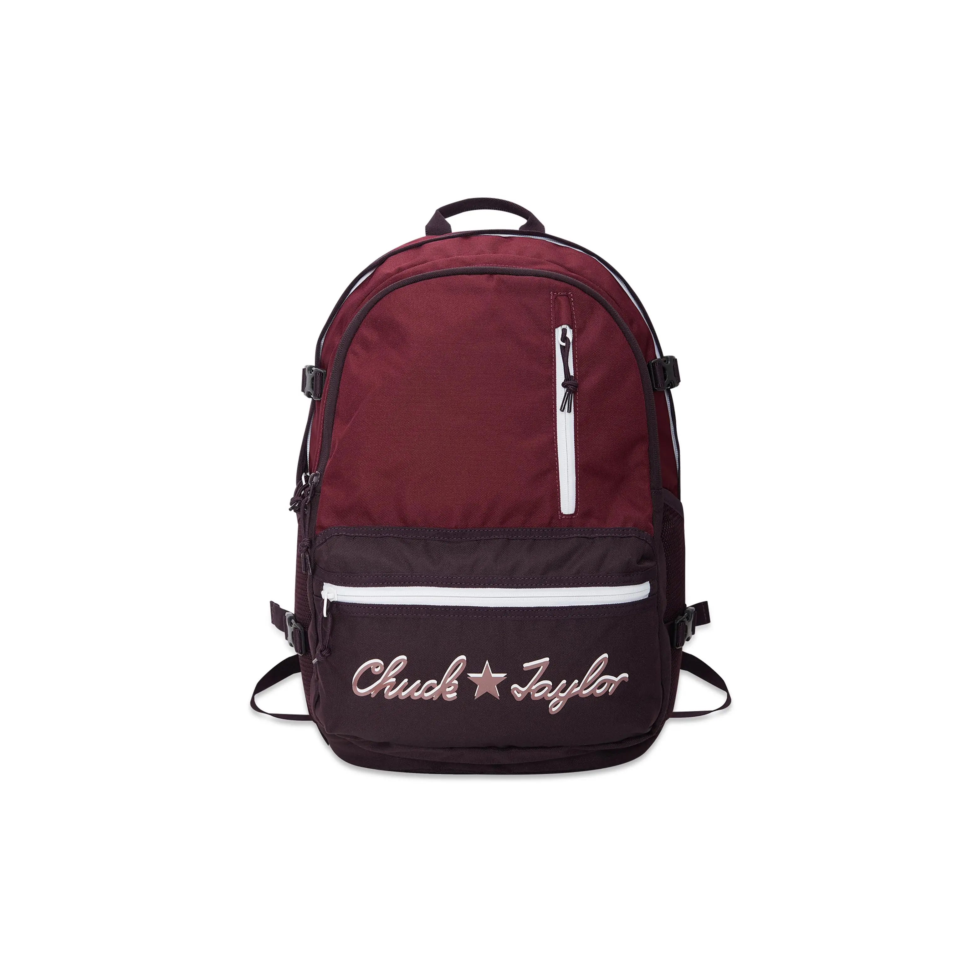 Converse Straight Edge Zippered Laptop Backpack for Men and Women, Logo-Emblazoned Polyester Backpack in Deep Rose Red