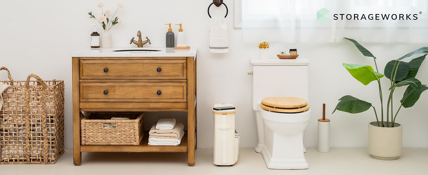 StorageWorks Toilet Paper Storage Baskets with Dual Flip Lids, Toilet Paper Organizer for Bathroom, Toilet Paper Container with Side Pocket, Holds 9 Mega or 12 Regular Rolls, Medium, Beige