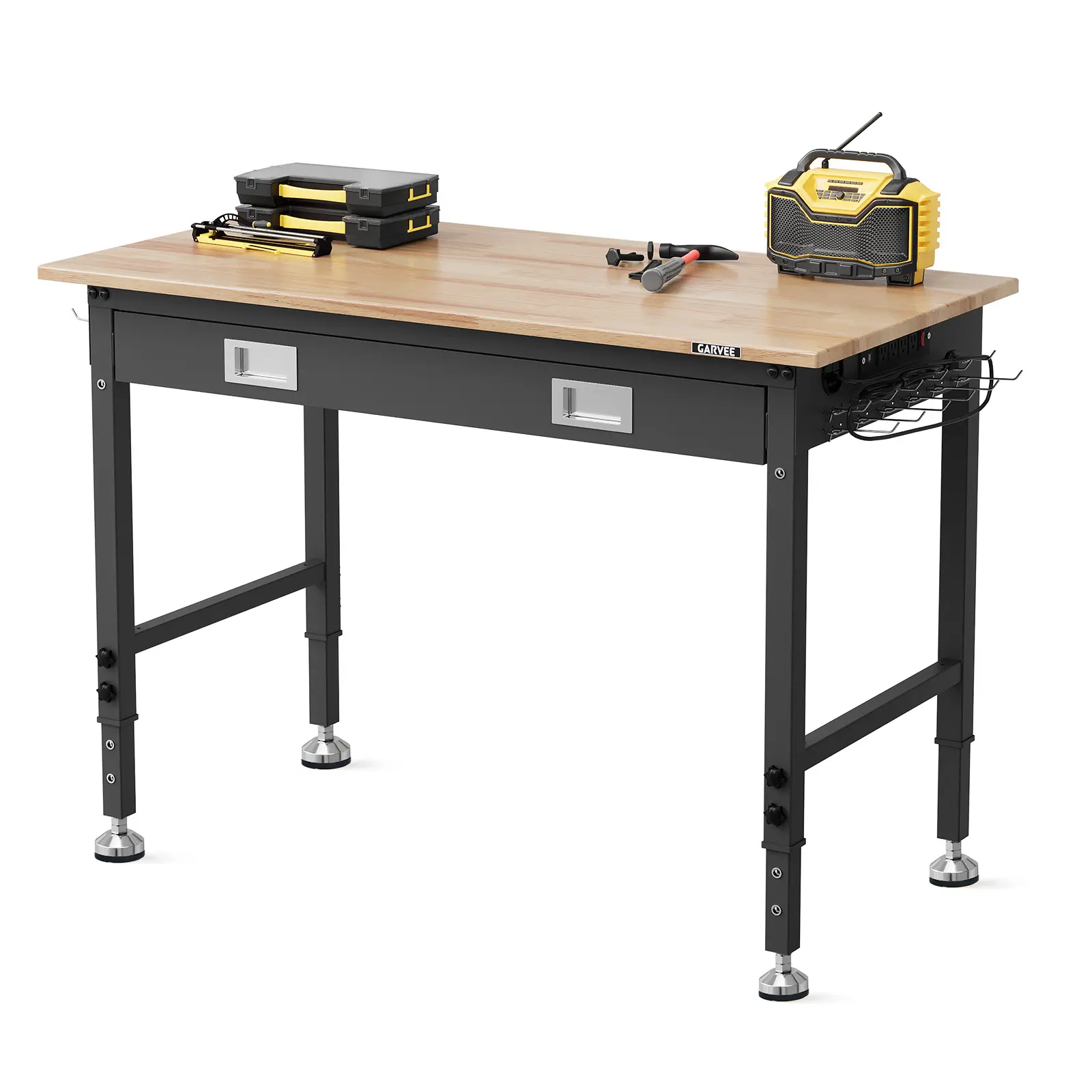 48x24 Inch Workstation with Drawer & 6-Level Height Adjustment, 2000 LBS Load Capacity, Solid Rubberwood Top, ETL Power Outlets, Pegboard & Hooks, 4 Leveling Feet, Heavy Duty Workbench for Garage Workshop Automotive Repair Gardening DIY Projects