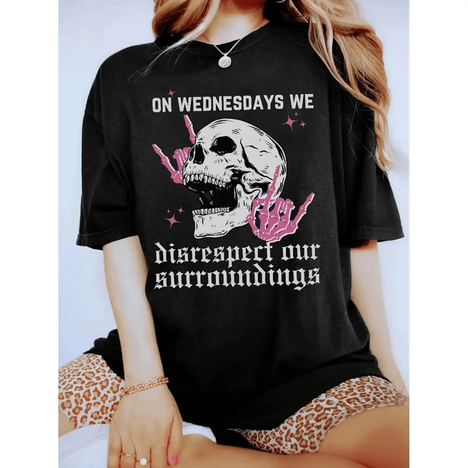 Women's Metalhead Black Graphic Tops - Skull Stars Print, Rebellious Wednesday Quote, Stretchy Round Neck, Short Sleeve, All-Season Casual Sport & Outdoor Wear