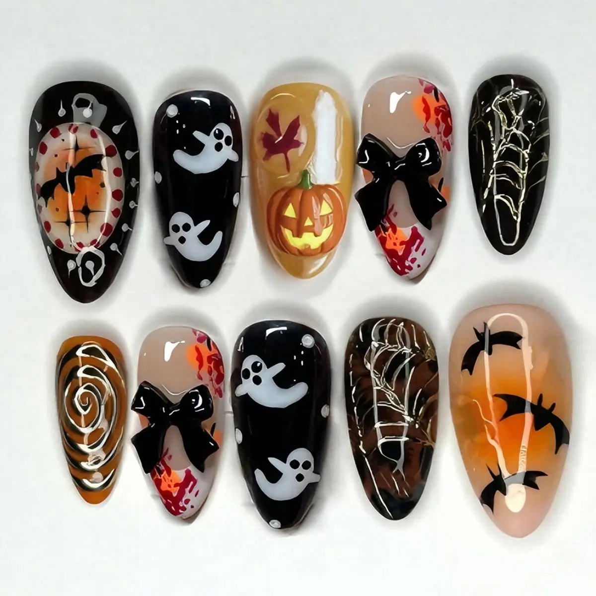 30 Pcs Halloween Almond False Nails Set, Spooky Ghost Pumpkin Bat Spider Web Print, 3D Bow Decor, Full Cover Press on Nails, Acrylic Nails Supplies