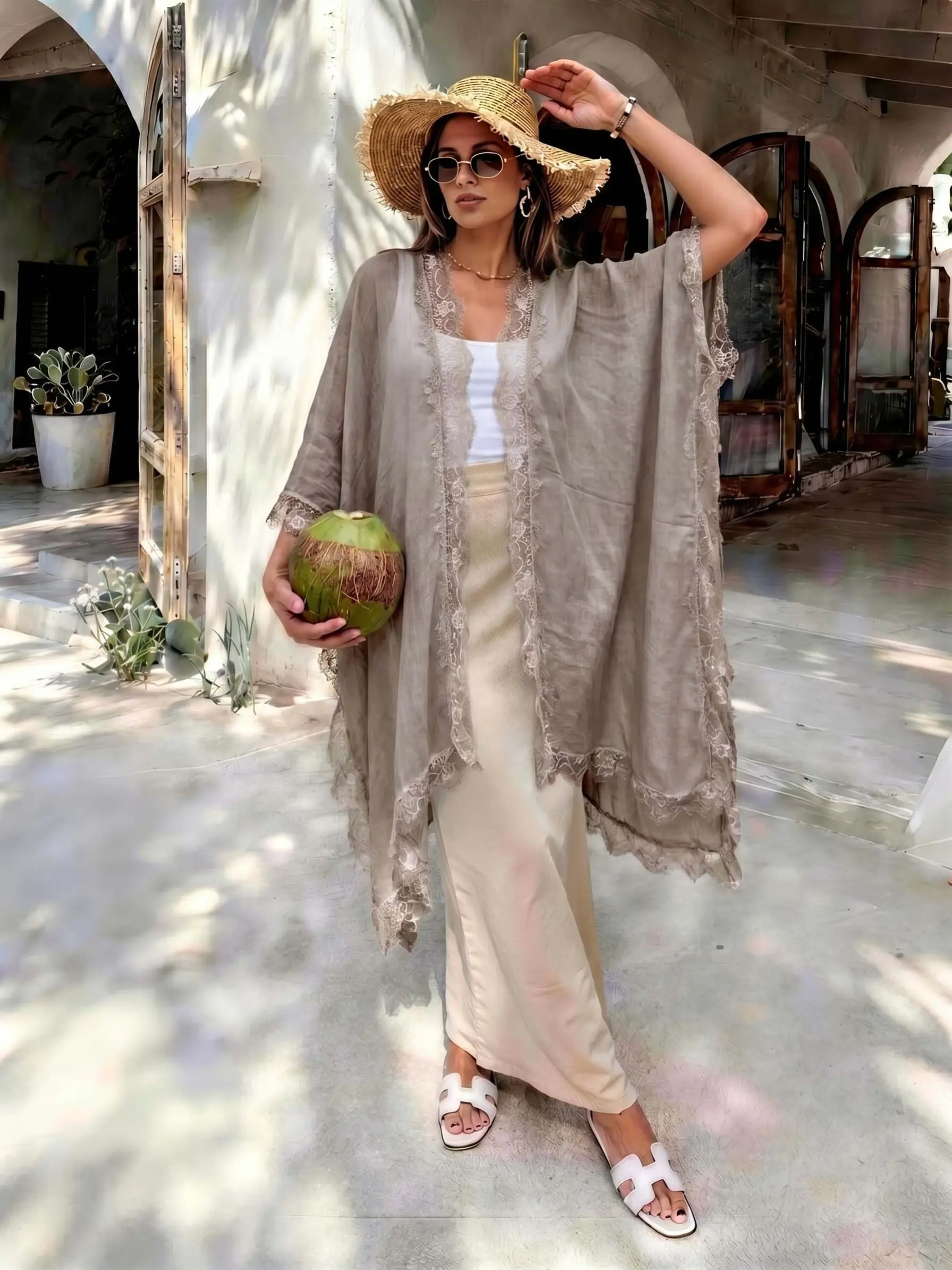 Elegant Women's Solid Color Lace Edge Shawl, Loose Breathable Sun Protection Beach Cover-Up, Fashionable Versatile Shawl for Vacation Summer Coverup