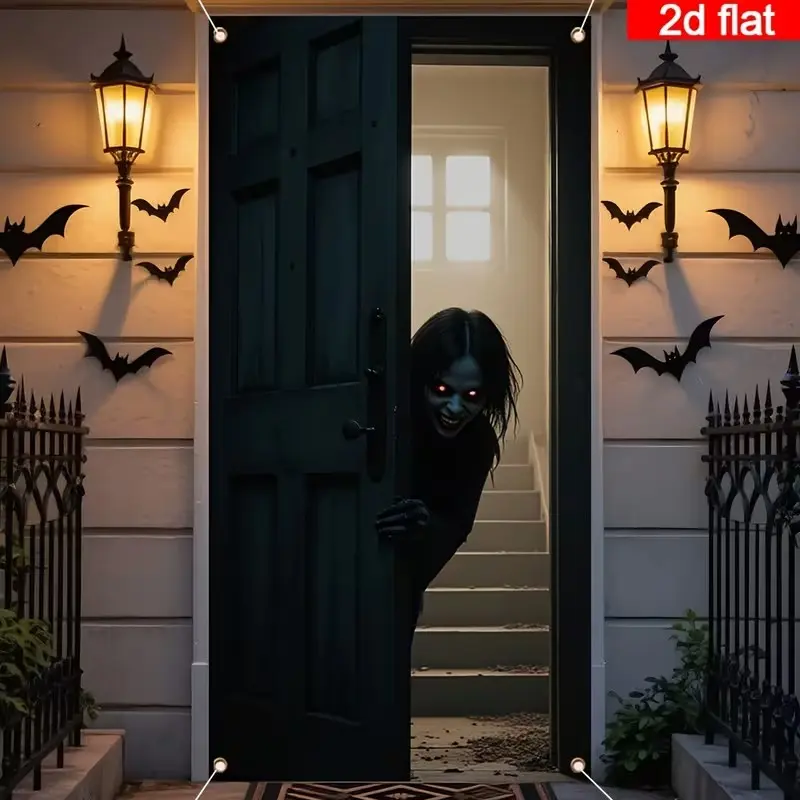 Halloween Ghost Door Curtain Decoration, Spooky Design Door Gape Peep Evil Spirit Hanging Banner, Horror Dark Front Door Background Cloth
