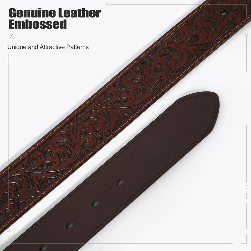 XZQTIVE Unisex Western Genuine Leather Belt - Floral Engraved Tooled Strap with Embossed Scrollwork Buckle, Perfect for Cowgirls & Cowboys