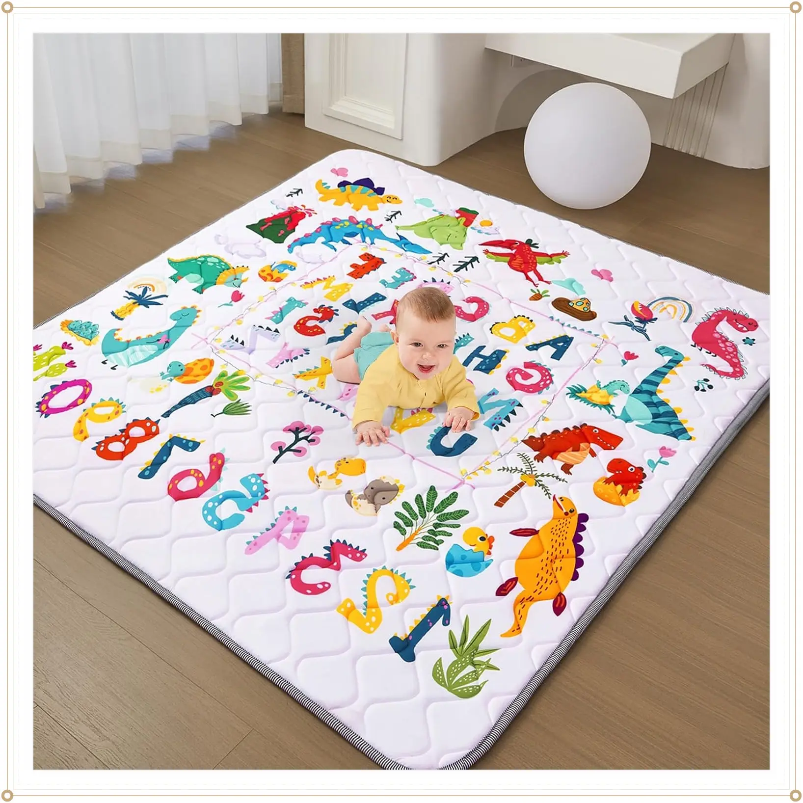 Unisex Baby Crawling Play Mat - Thick 50x50 in Soft Foam Mat for Playpen, Floor, Non-Slip, Waterproof, Portable Foldable, Machine Washable, Dinosaur & Letters Design (Gift)