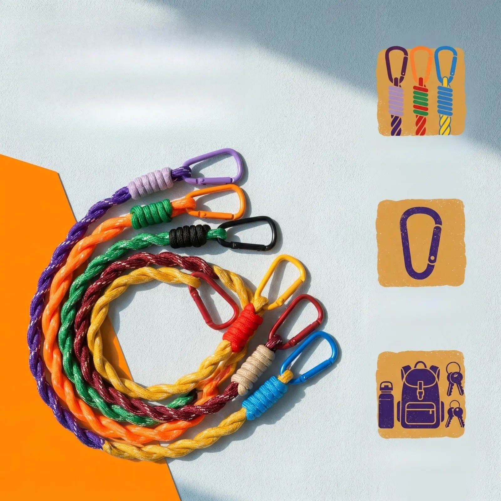 Rainbow Twist Paracord Lanyard with Matching Color Carabiner Clip - Outdoor Wear-Resistant Anti-Lost Utility Wrist Strap, Carry Cord for Camping, Travel, Daily Use (Keys, Water Bottles, Backpacks, Cameras), Multicolor, Paracord Rope, Twist Pattern, Utilit