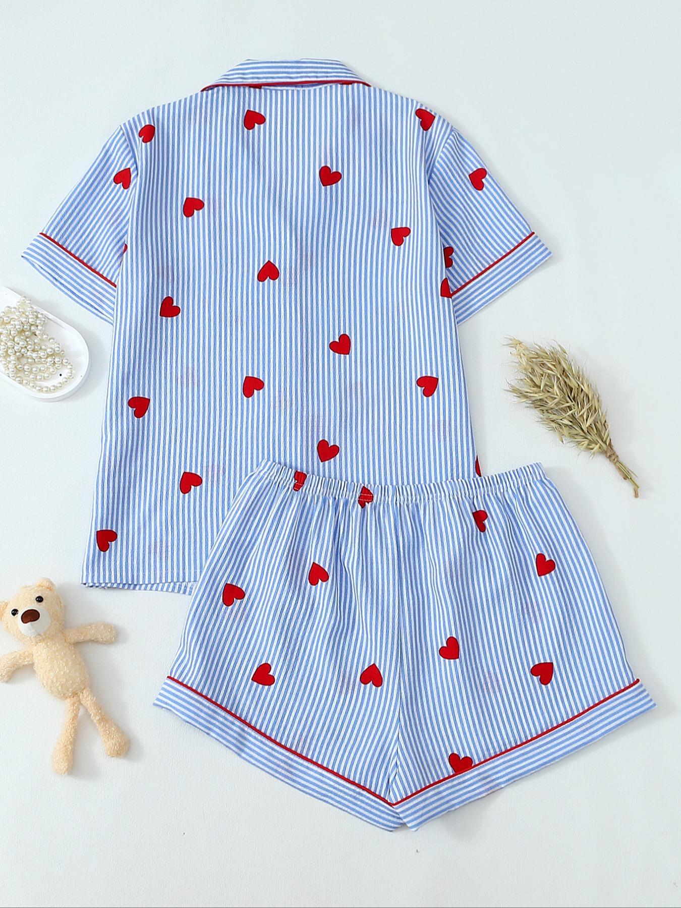 Valentine's Day Spring Summer Romantic Blue Striped Heart Elegant Short Sleeve Shorts Pajama Set for Women, Cute Fitted Homewear Loungewear Nightwear