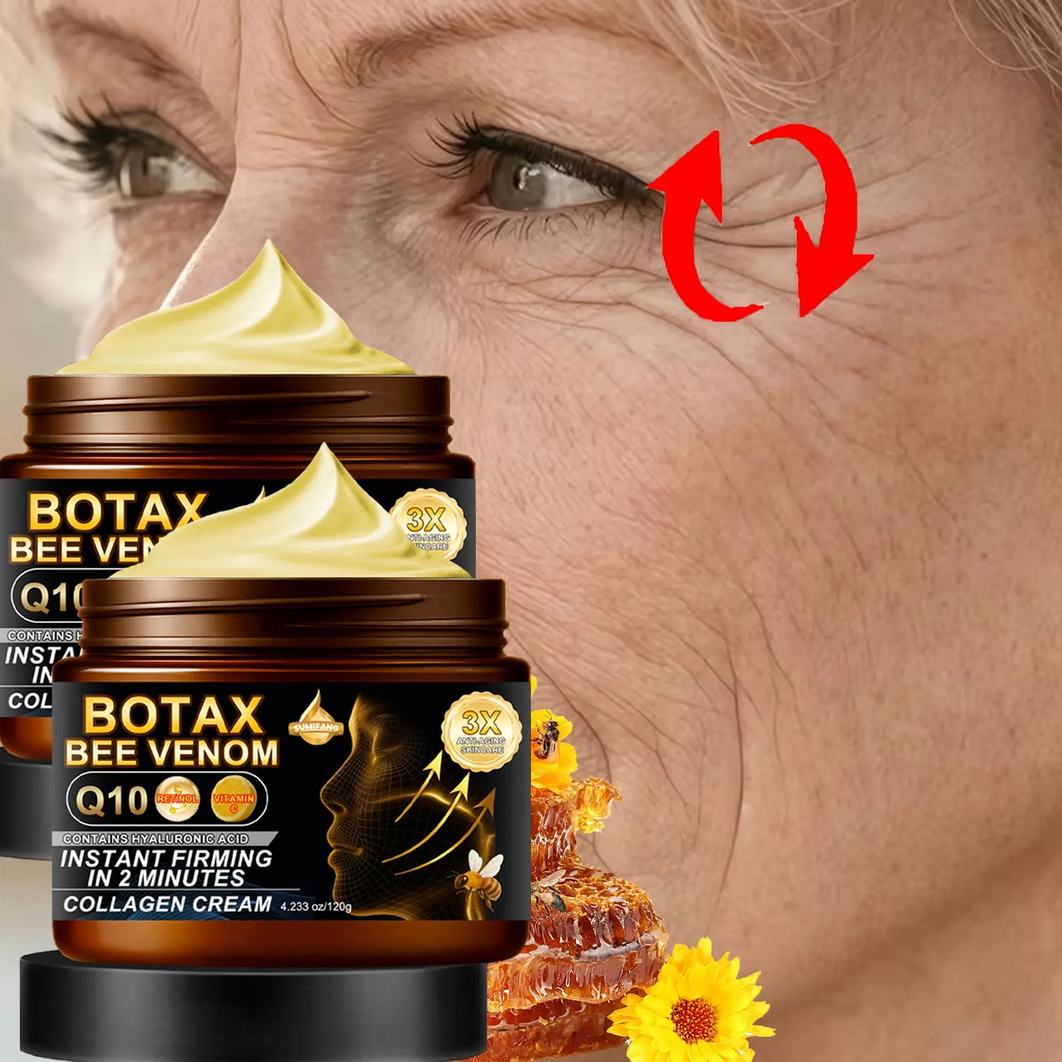 BOTAX Bee Venom Firming Collagen Cream 2pcs, Firming Moisturizing Cream, Anti Aging Moisturizer, containing retinol and vitamin C, provides anti-wrinkle and brightening effects, deeply moisturizes, improves elasticity, and hydrating