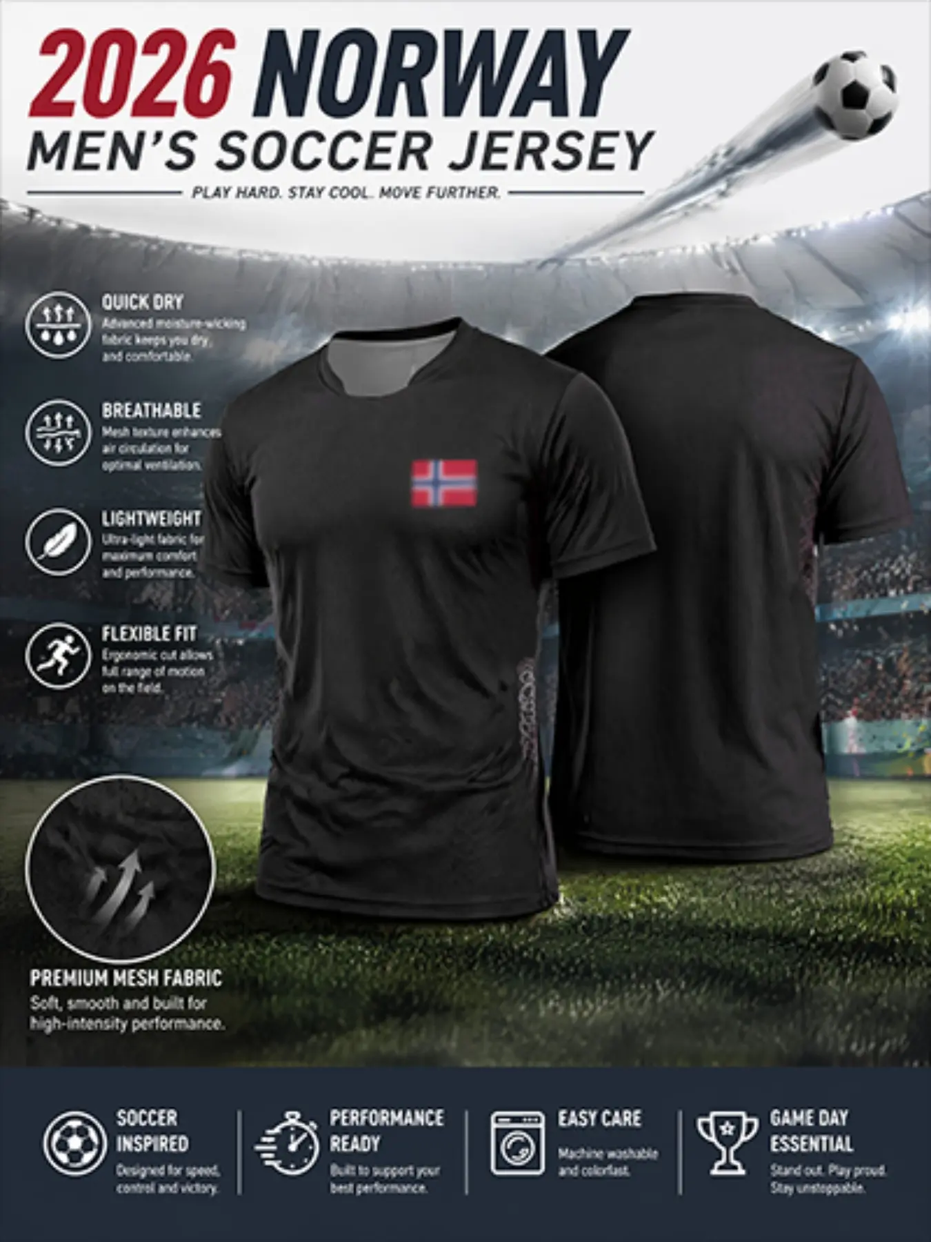 2026 Norway Away Soccer Jersey, Mesh Viking Print, Quick-Dry Short Sleeve, Fitted Breathable Lightweight Football T-Shirt for Fans, Active Tops, Football Tee
