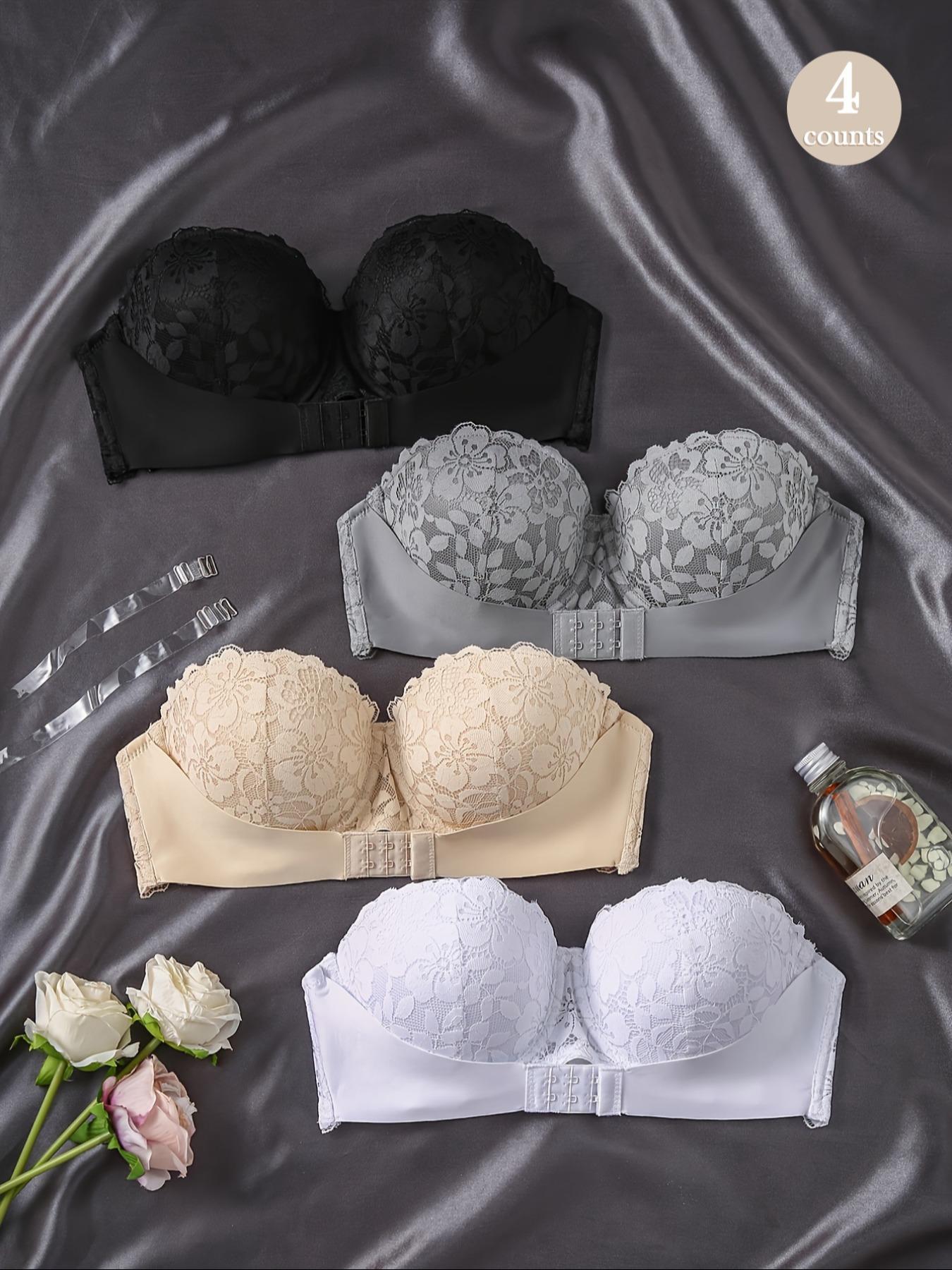 Women's Contrast Floral Lace Push-Up Strapless Bra, New Style Sexy Invisible Front-Buckle Bra, Women's Lingerie for All Seasons