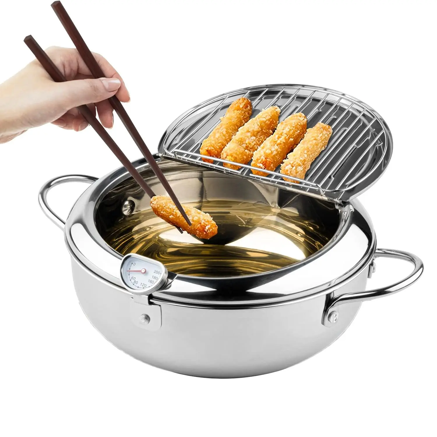 304 Stainless Steel Deep Fryer Pot with Thermometer and Drainer Lid Home Deep Fryer Multipurpose Kitchen Frying Pot for Chicken Fries Fish Universal Stove Induction Cooktop Heavy Duty Cooking Equipment