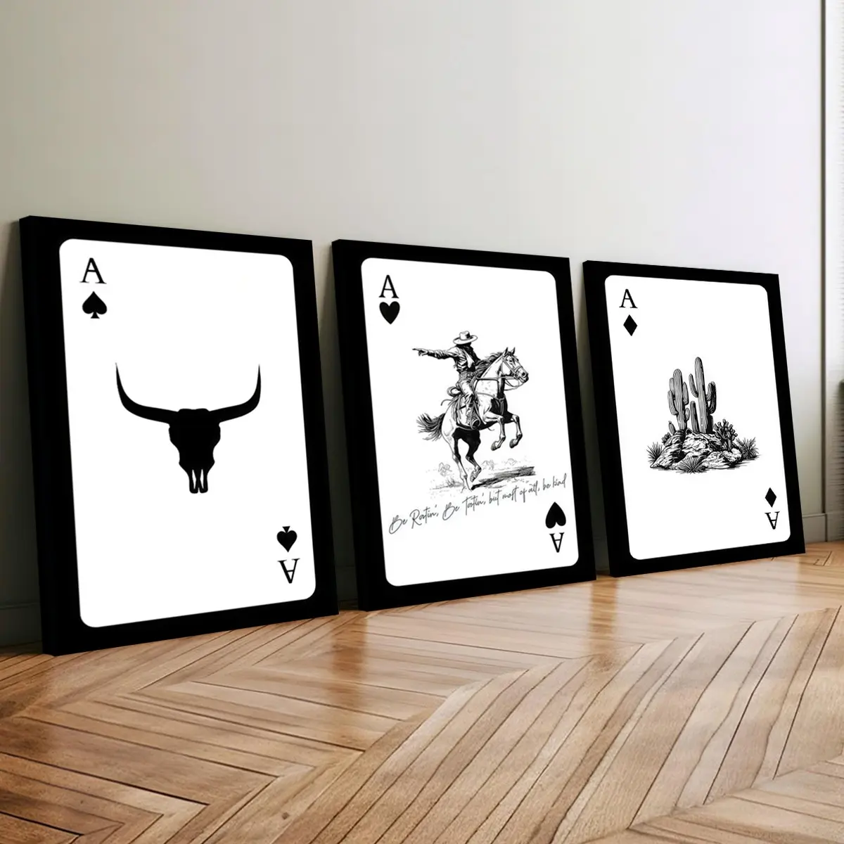 3 count wood frame canvas, western cowboy cactus and spade A poker simple triple poster, fashion family decorative painting, modern art, suitable for bedroom, living room, office wall art, delicate and durable, waterproof art