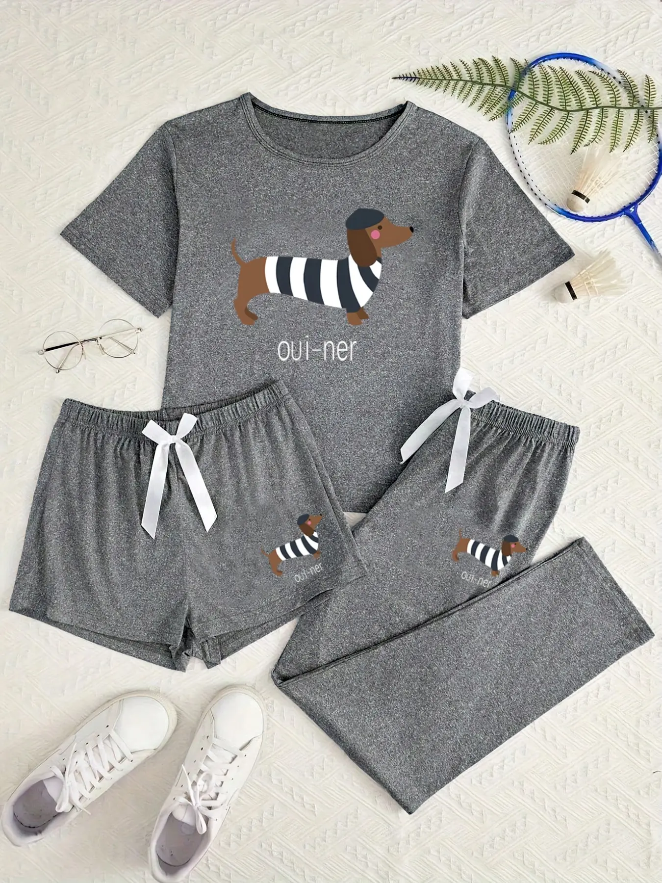 Women's Cute French Basset Hound Print 3-Piece Pajama Set, Casual Comfortable Home Wear, Bow Detail, All Seasons, Ladies Sleepwear