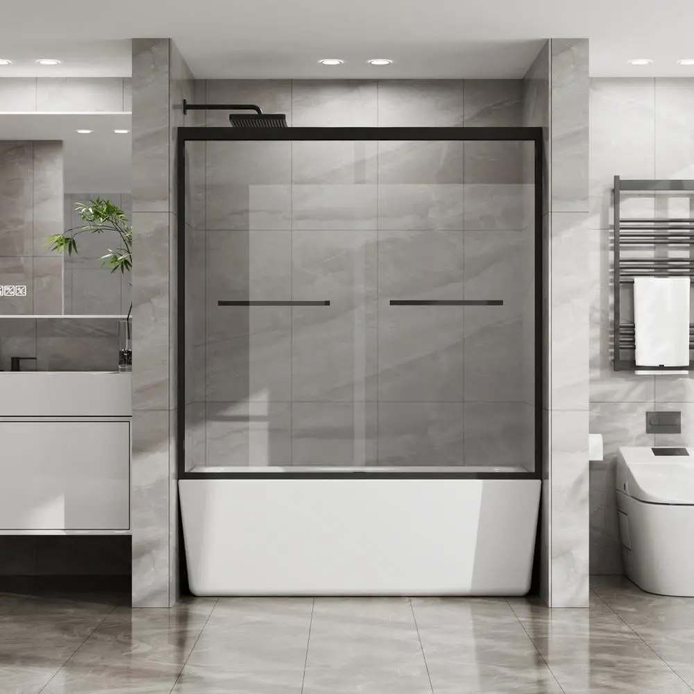 56-60"W x 58"H Double Sliding Bathtub Shower Door, 1/4" Tempered Glass, Aluminum Frame, Matte Black