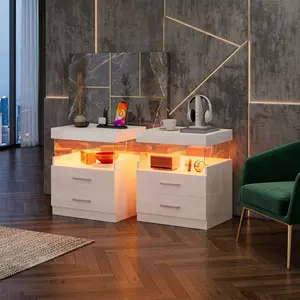 High Gloss White Composite Wood Nightstand Built-In Charging Station RGB LED Ambient Light Acrylic Open Shelf Multi Drawer Storage Modern Rectangle End Side Bedside Table Multifunctional Home Bedroom Decor Cabinet With Wall Plug Power Supply
