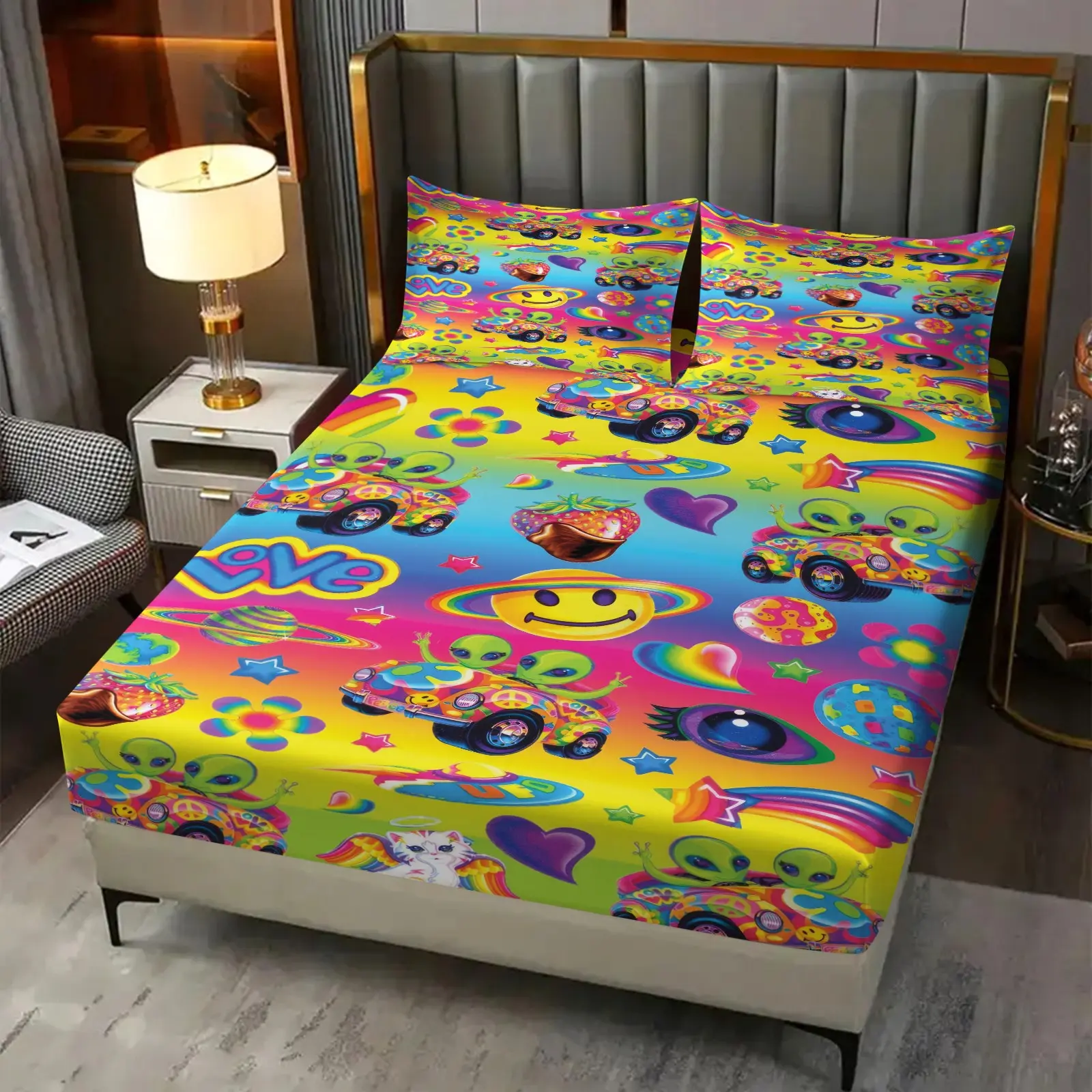 Cartoon Alien Pattern Fitted Sheet Set, 3Pcs Digital Print Bedding Set, Machine Washable, Vibrant Y2K Aesthetic Bed Linens for Teen & Hippie Bedroom Decor. 2 Pillowcase, No Filling