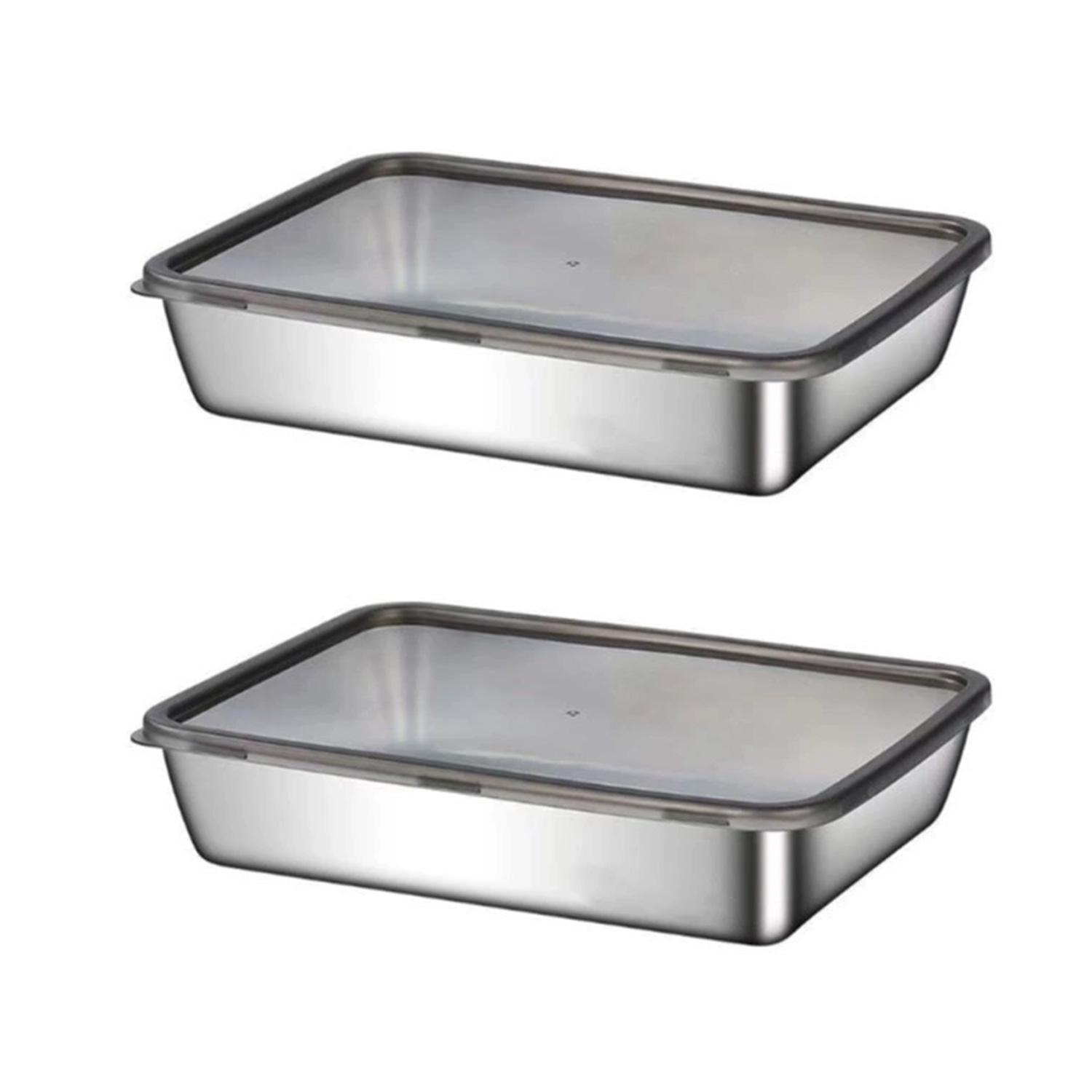Stainless Steel Food Storage Box, 2/3 Counts High Capacity Container, Durable Food Storage Tray Container with Lid, Kitchen Storage Organizer for Meat, Vegetable, Fruit, Preserving Containers