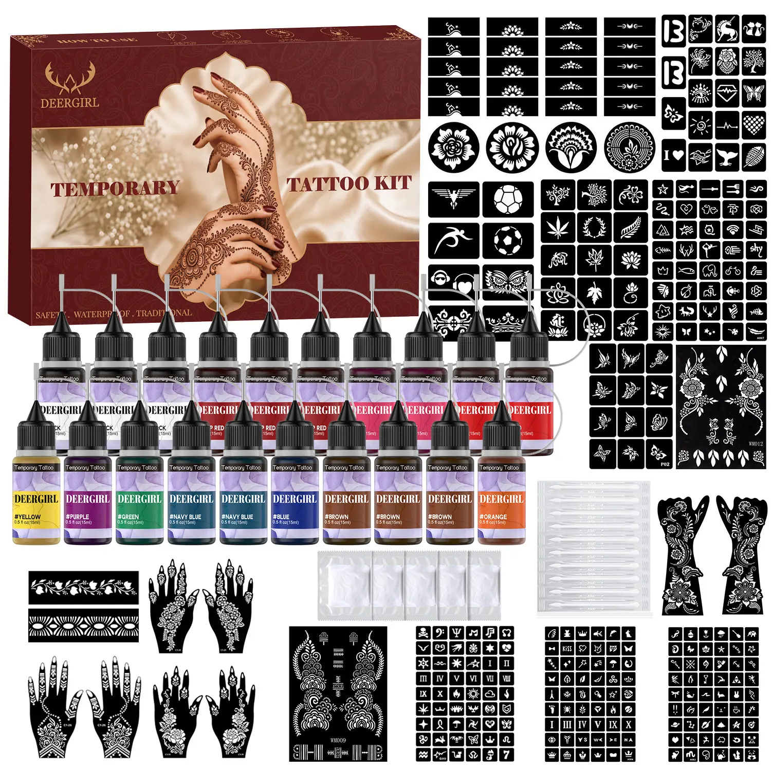 Deergirl Temporary Henna Tattoo Kit, 20 Colors Ink Bottles with Reusable Henna Stencils for DIY Aesthetic Body Art, Cosmetic Temporary Tattoo Paste for Women Girls Festival Party Makeup, Tattoo Set