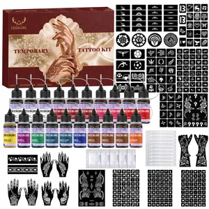 Deergirl Temporary Henna Tattoo Kit, 20 Colors Ink Bottles with Reusable Henna Stencils for DIY Body Art, Temporary Tattoo Paste for Women Girls Festival Party Makeup