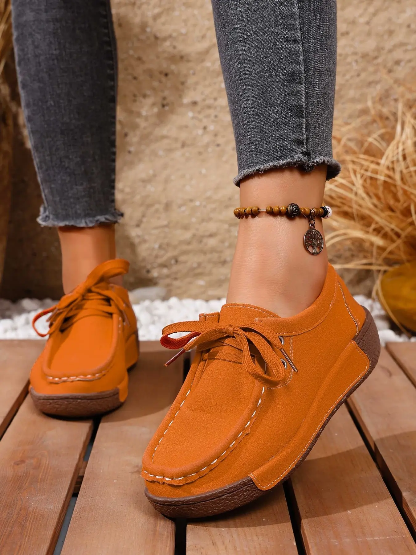 Women Chunky Light Platform Moccasin Walking Flats, Flexible Outsole Lace Up Casual Fall Shoes, Roomy Wide Toe Box For Outdoor Stroll Shopping Breathable Long Wear Daily Footwear
