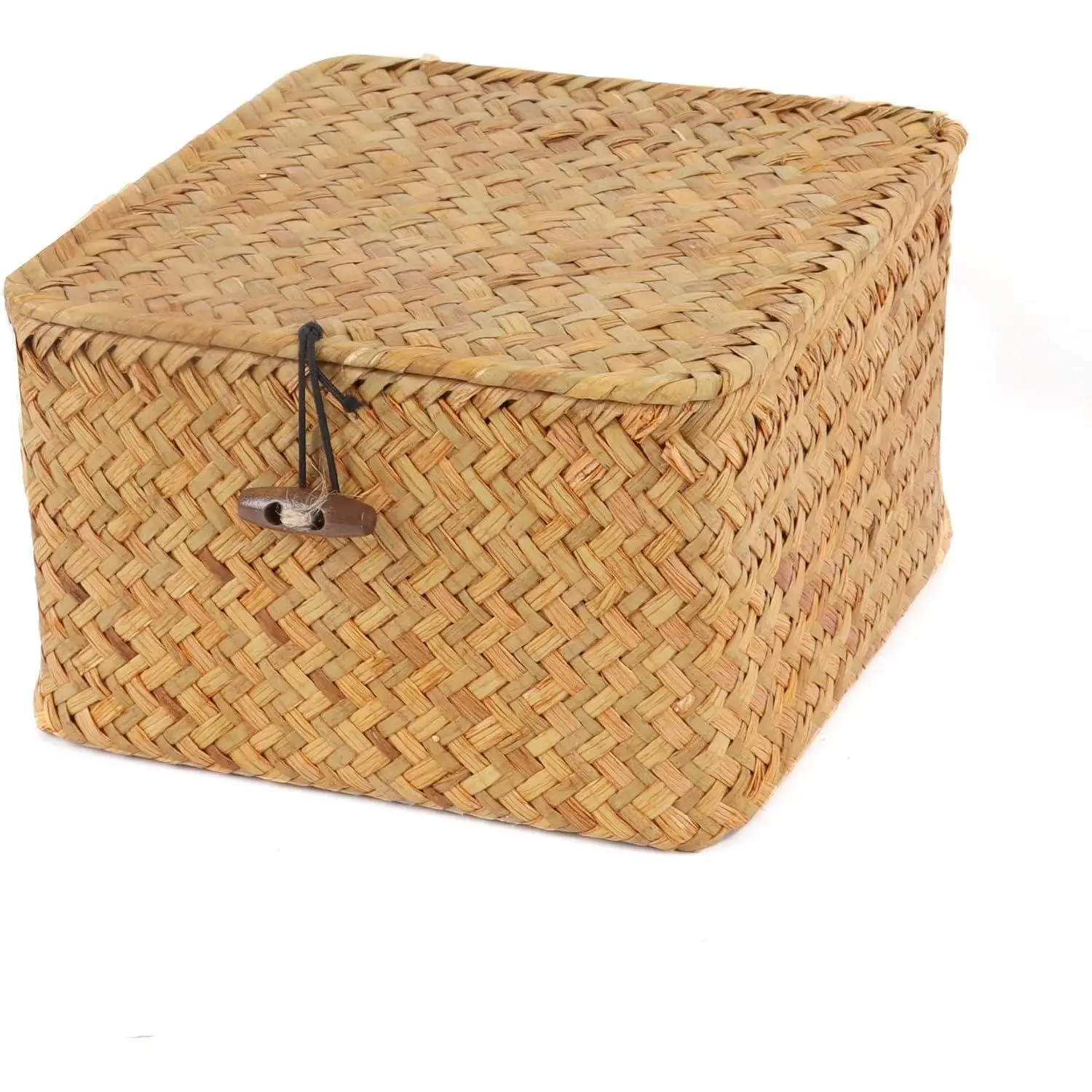 Wicker Shelf Baskets with Lid, Handwoven Seagrass Storage Basket Bins Square  Boxes for Shelves  Decor Organizer (, X-Small)