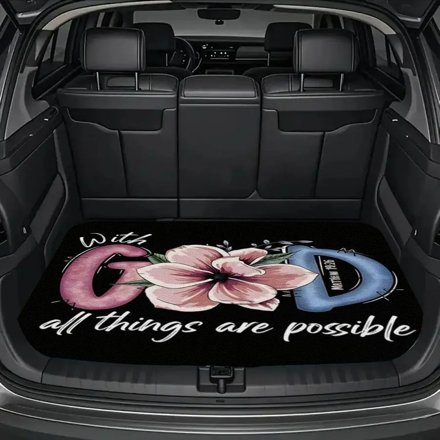 1pc "With God" Printed Floral Text Car Trunk Mat - Auto Interior Accessories, Car Interior Protector, Durable Cargo Storage Liner, Secure Vehicle Accessory for Daily Travel, Valentine’s Day Gift Option, Protection