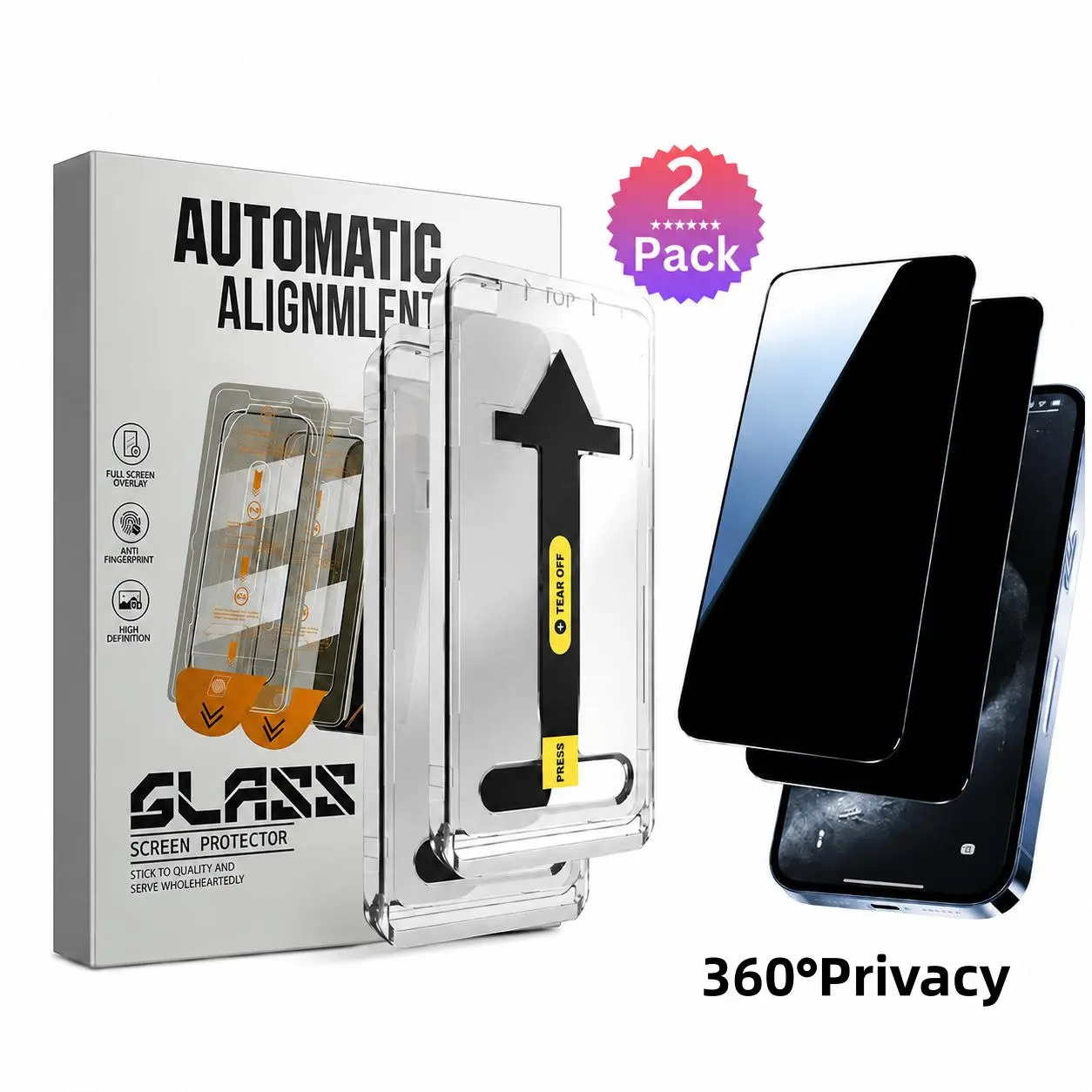 2 Pack 360° Privacy Tempered Glass Screen Protector for iPhone 17/16/15/14/13/12 Pro MAX auto dust removal bubble-free installation 2-pack easy explosion proof protective anti-spy phone accessory case friendly film fully protection kit x se impact