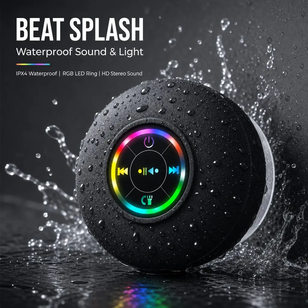 Waterproof Bluetooth-compatible Speaker with LED Lights, Wireless Portable Stereo Sound, Wall-Mounted Design, Ipx-4 Water Resistance, 3-4 Hour Battery Life