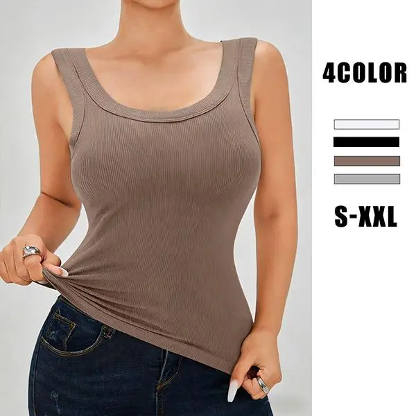 EssElegance Scoop Neck Elastic Ribbed Women Racerback Vest Built-in Bra Daily Workout Basic Tops