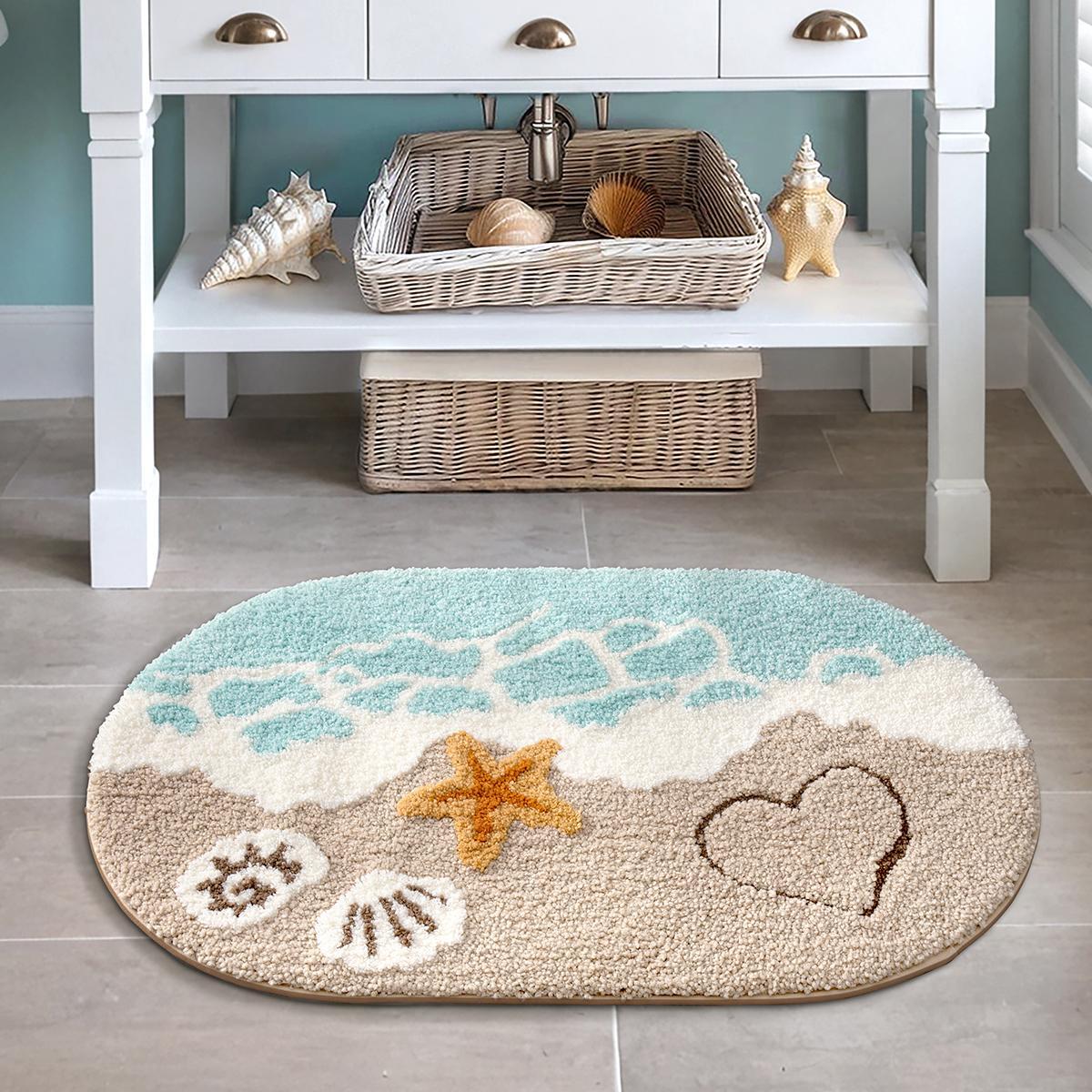 Beach & Starfish Pattern Bath Mat, Non-slip Soft Absorbent Bathroom Mat, Comfortable Bath Mat for Bathroom, Shower Room, Bedroom, Home Decor, Bathroom Decorative Mat, Water Absorbent Mat, Water Absorbent Bathmat