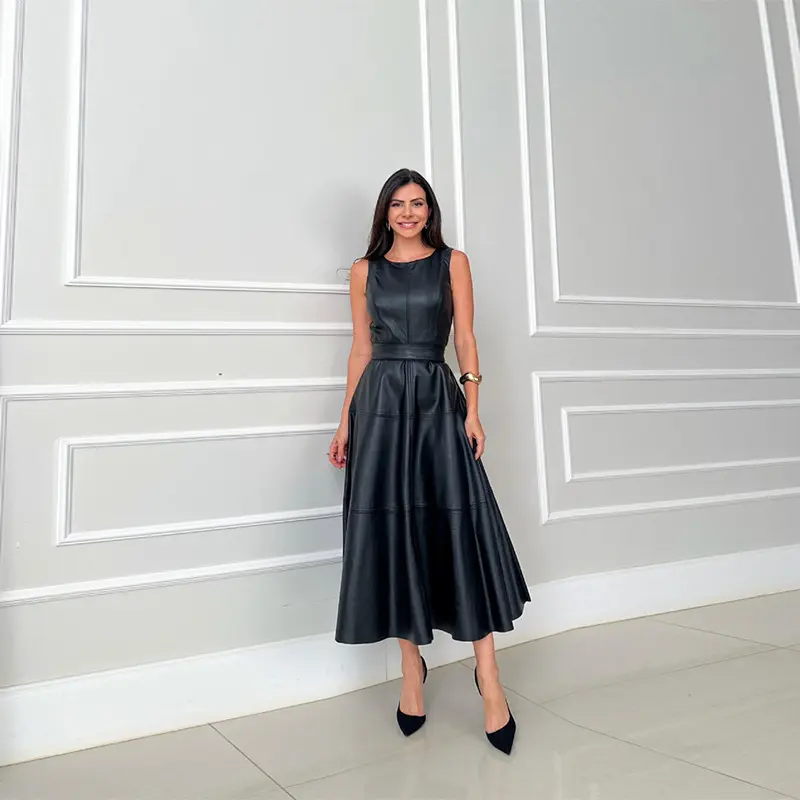 Women's Casual Stylish Wear Sleeveless PU Faux Leather Maxi Dress - Summer & Autumn Elegant Flowing Design with Belt, Minimalist Elegant Dresses for Women, Lady, Fitted, Stylish Women's Wear