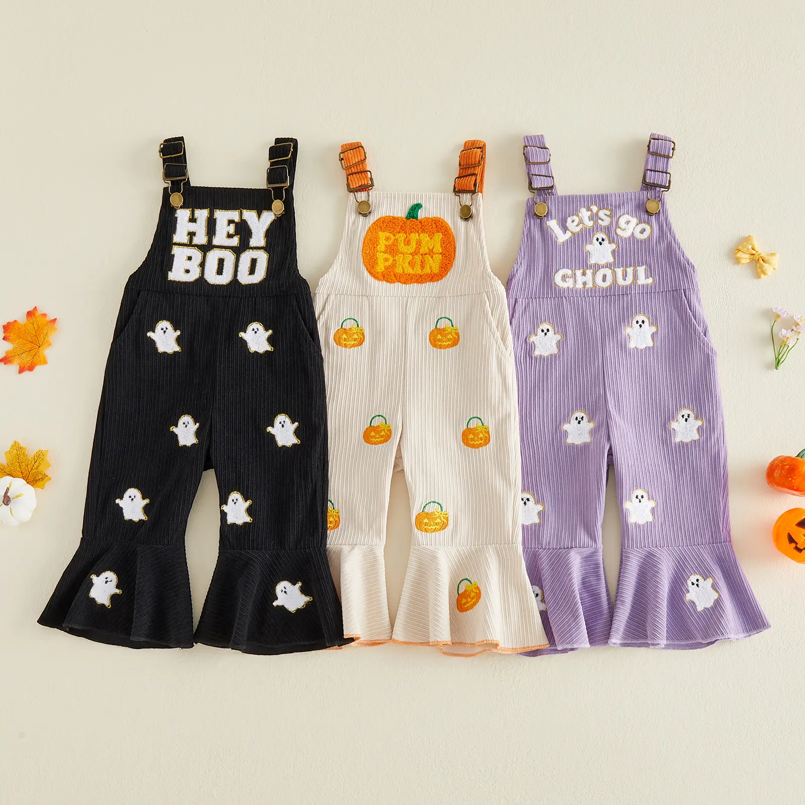 FOCUSNORM Halloween Toddler Girl Bell Bottom Jumpsuit Pumpkin/Ghost Embroidery Romper Baby Spaghetti Straps Overalls Flare Pant Kid Playsuit