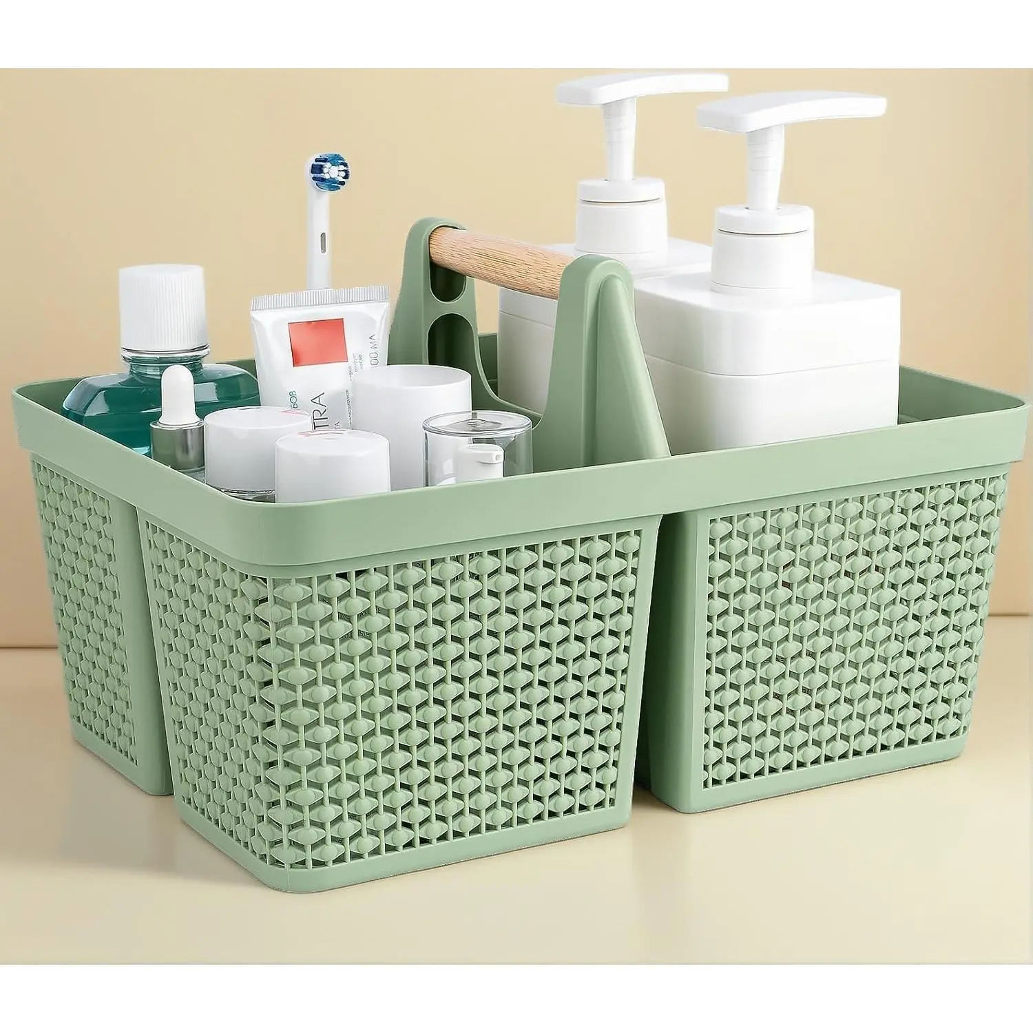 Portable Plastic Shower Caddy Basket with Wooden Handle, Green