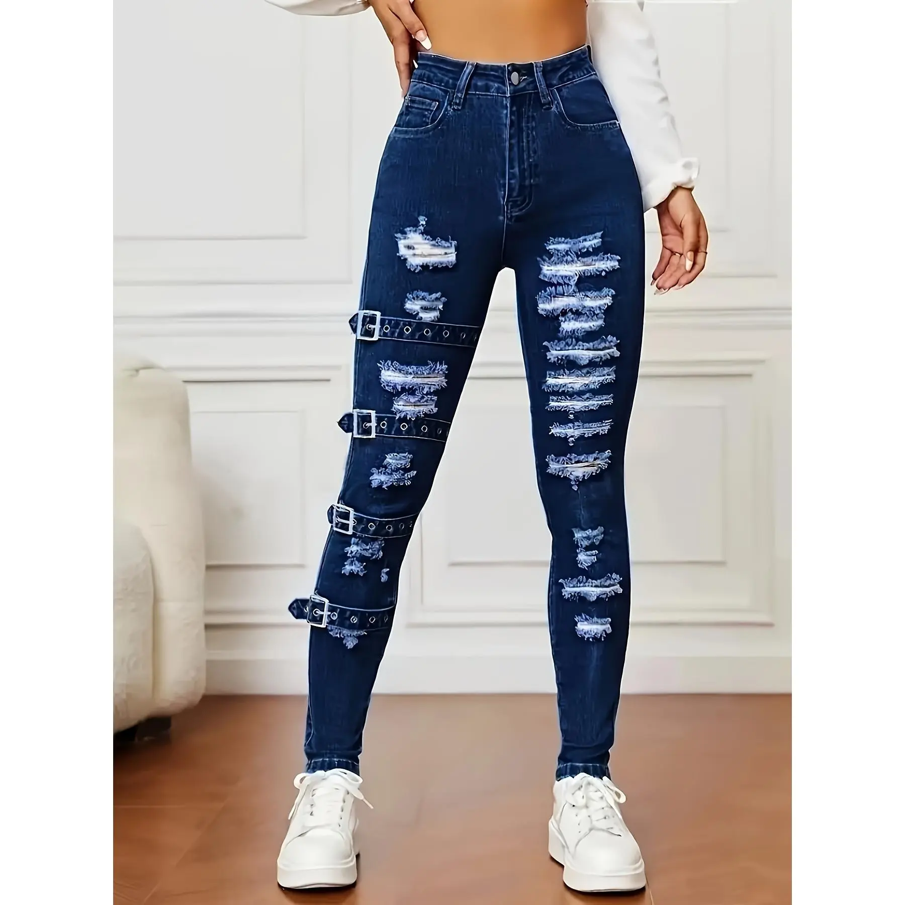 Women's Solid Deep Blue Denim Bottoms - Stretch, Woven, Elastic Retro Tight Sexy Jeans, Skinny, Ripped, Stretch Jeans, Holey Jeans