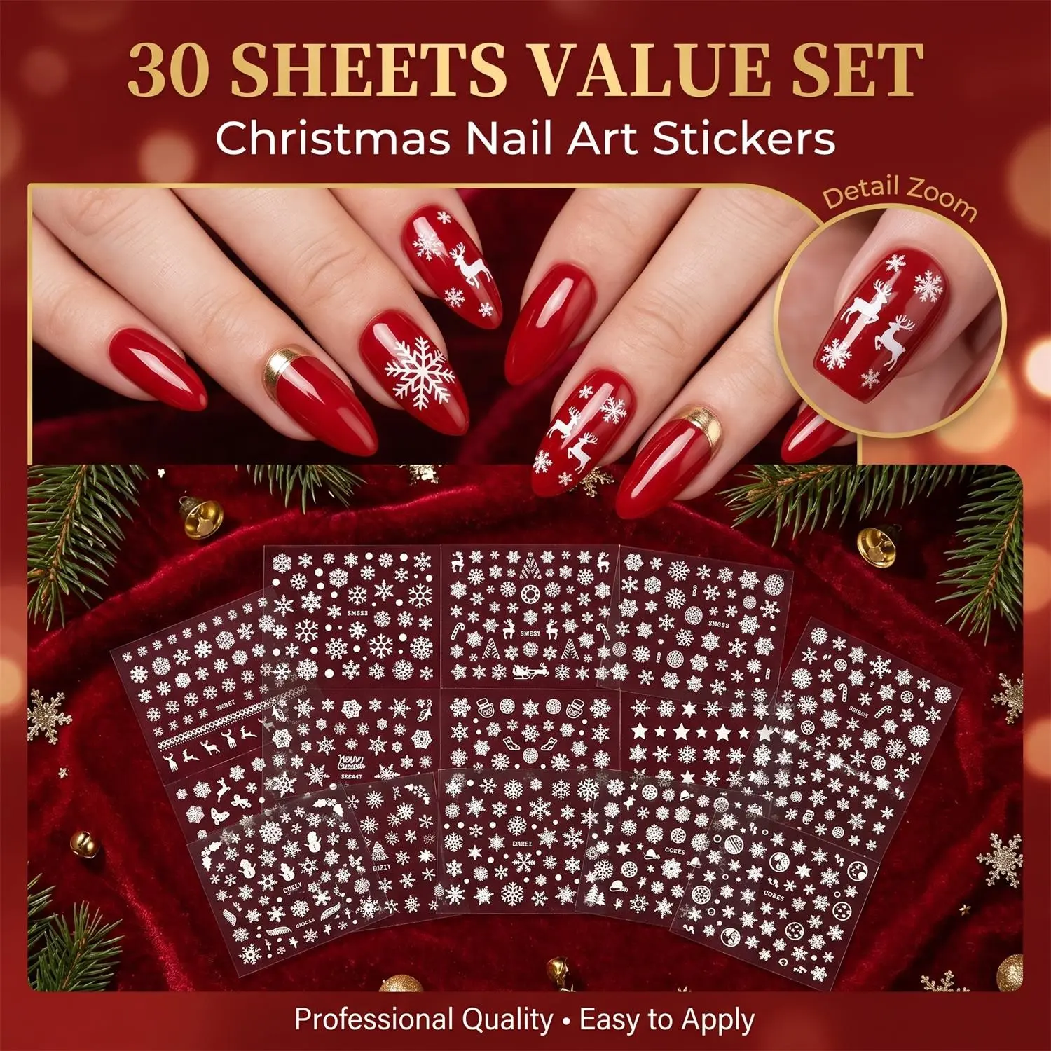 30pcs Snowflake Nail Art Stickers Set, Glittering 3D Self-Adhesive Nail Decals, Christmas Winter New Year DIY Nail Decoration Accessories
