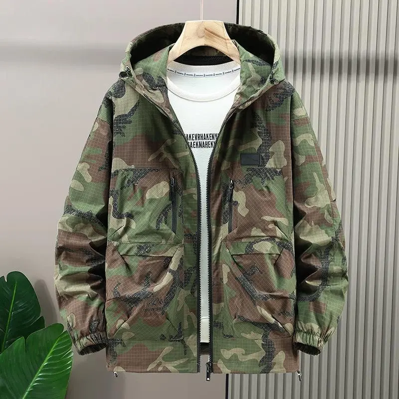 25 Plus Size Men's Loose Workwear Trench Coat for Big and Tall, Camouflage Casual Jacket Menswear Tops Long Sleeve Operator