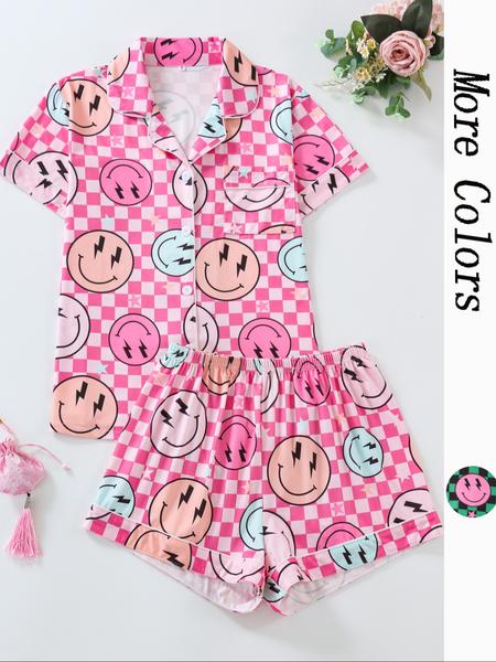 Women's Sleepwear Set, Smiley Face Print Pajamas, Lapel Button Short Sleeve Top & Elastic Shorts, Casual Fitted Nightwear