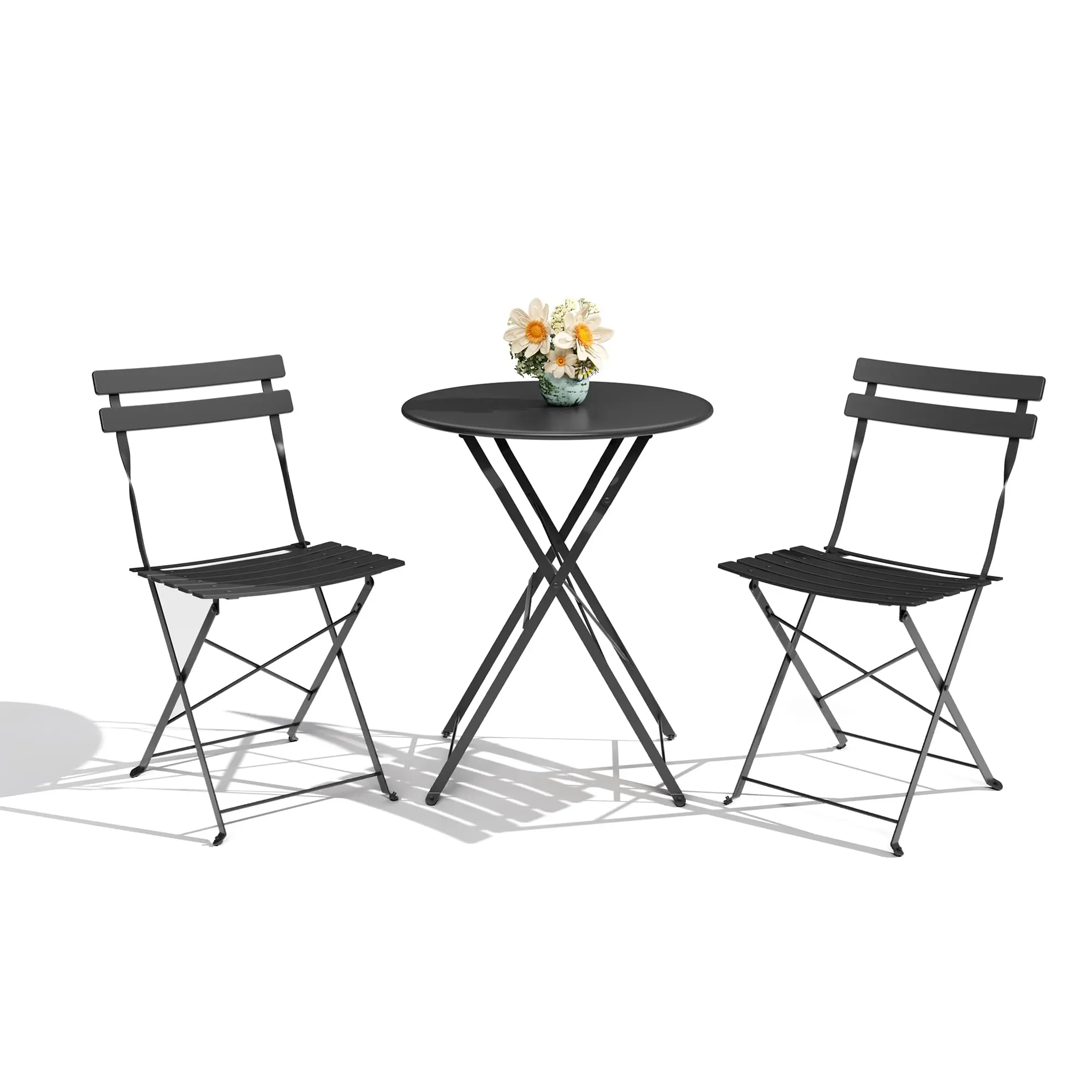 3-Piece Folding Patio Bistro Set with Round Metal Table and 2 Chairs, Powder-Coated Steel Outdoor Furniture, Space-Saving Foldable Design, No Assembly Needed, Black Balcony Dining Set for Patio, Garden, Porch, Deck, Yard, Apartment and Small Spaces