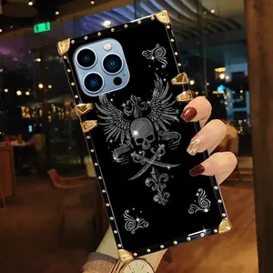 Dark Gothic Skull iPhone Case - Sparkling Studded Square, Shockproof Soft Case for iPhone 17/16/15/14 Pro Max (Women's Style)