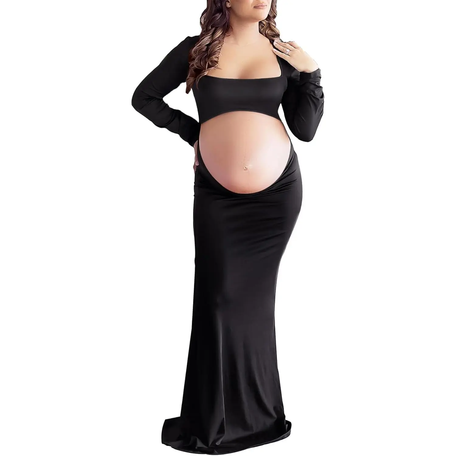 Maternity Photoshoot Gown, Long Sleeve Square Neck Postpartum Cutout Open Belly Outfit, Tall Maternity Wear for Pregnancy & Postpartum Use