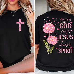 Blessed by God, Loved by Jesus, Guided by the Holy Spirit CVC Cotton, Casual Street Style Crew Neck Short Sleeve T-Shirt, Women's Fashion Top