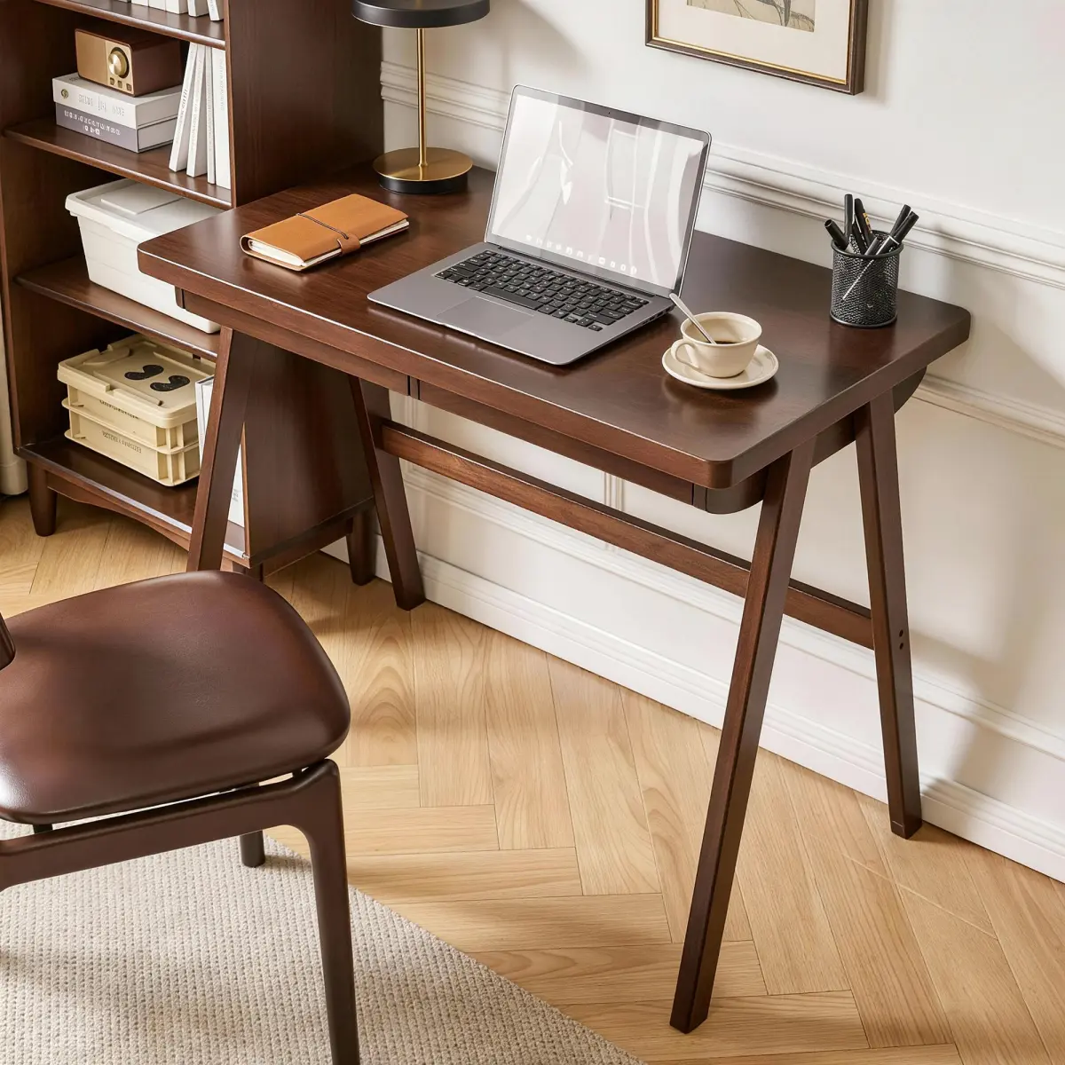 [Bellemave] Solid Rubber Wood Computer Desk, Retro Walnut Writing Desk with Drawer, Sturdy A-Frame Leg, Home Office Study Table