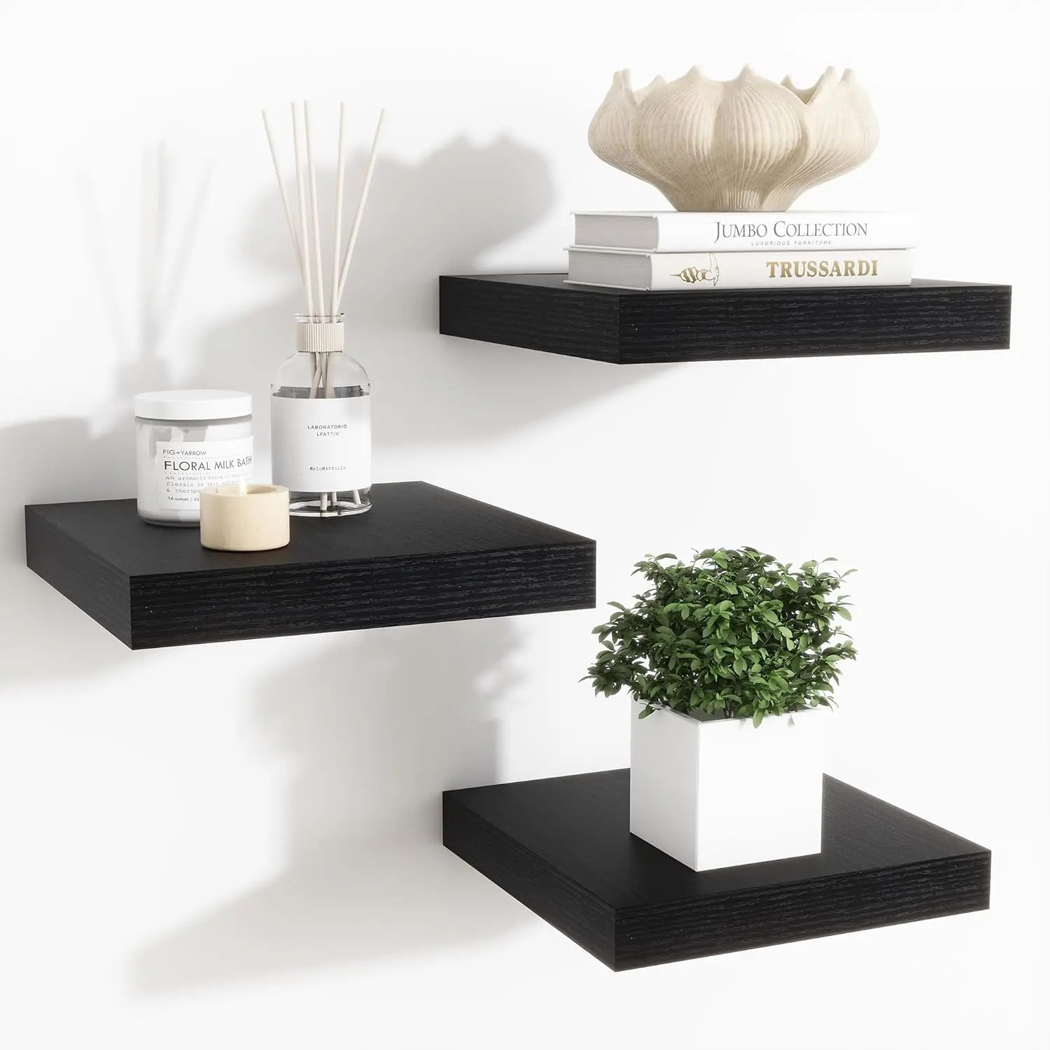 Fun Memories Floating Shelves for Wall - 7.5 Inch Square Shelves with Invisible Brackets, Black Small Wall Shelf for Living Room, Bathroom, Bedroom, and Kitchen Decor Black Set of 3