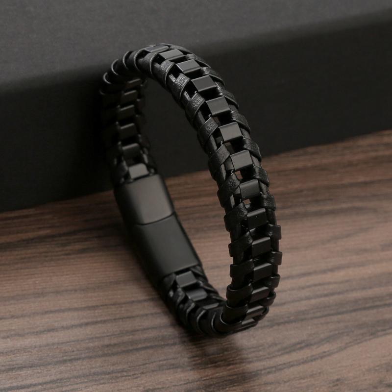 3 Color Men's Stainless Steel and Faux Leather Braided Bracelet, Perfect for Casual Looks, Fashionable Men's Gift