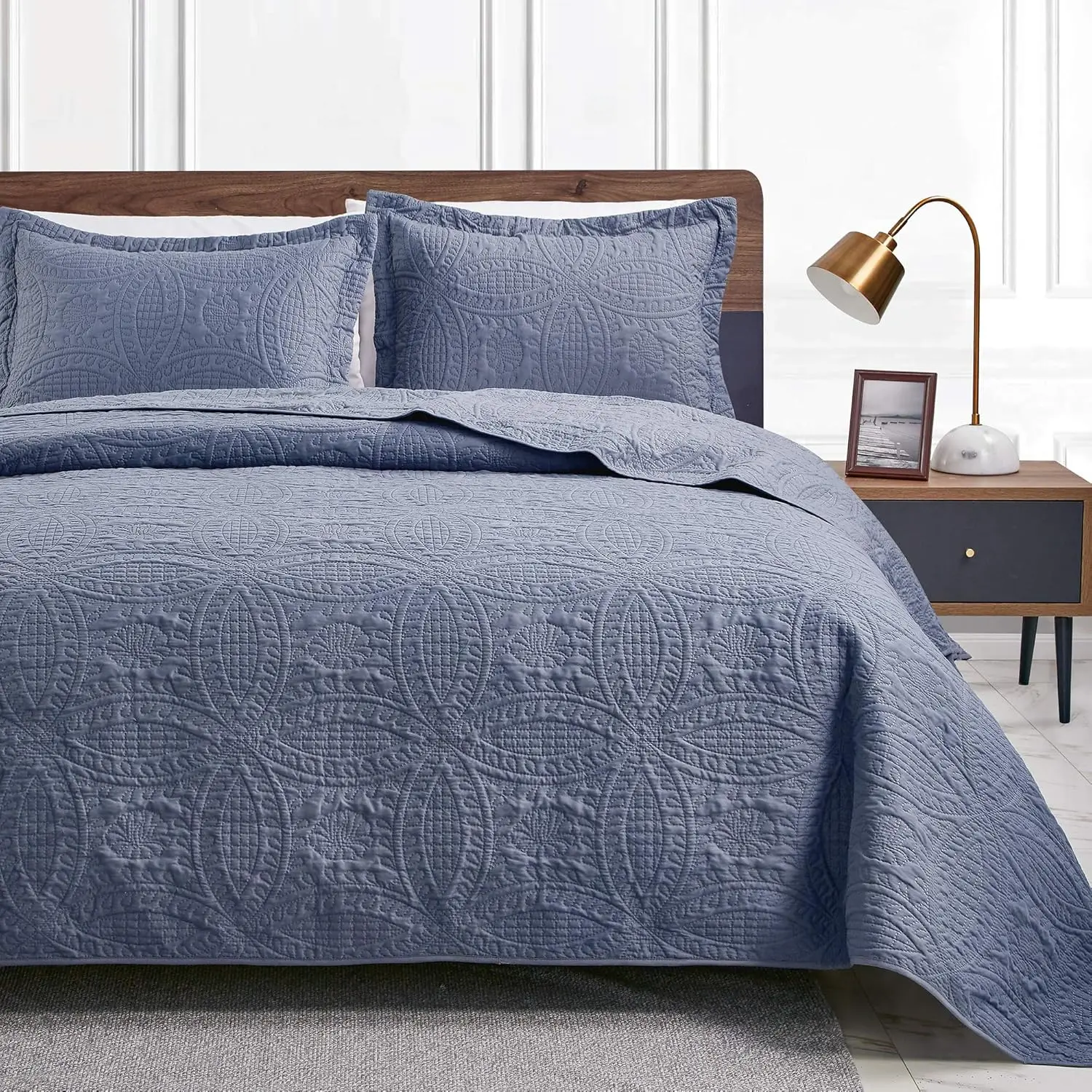 for Queen Bed Blue Bedspreads - Soft Bed Summer Lightweight Bedspread Comforter - Style Coin Pattern Coverlet for All Season - 3 Pieces (1, 2 Pillow Shams)